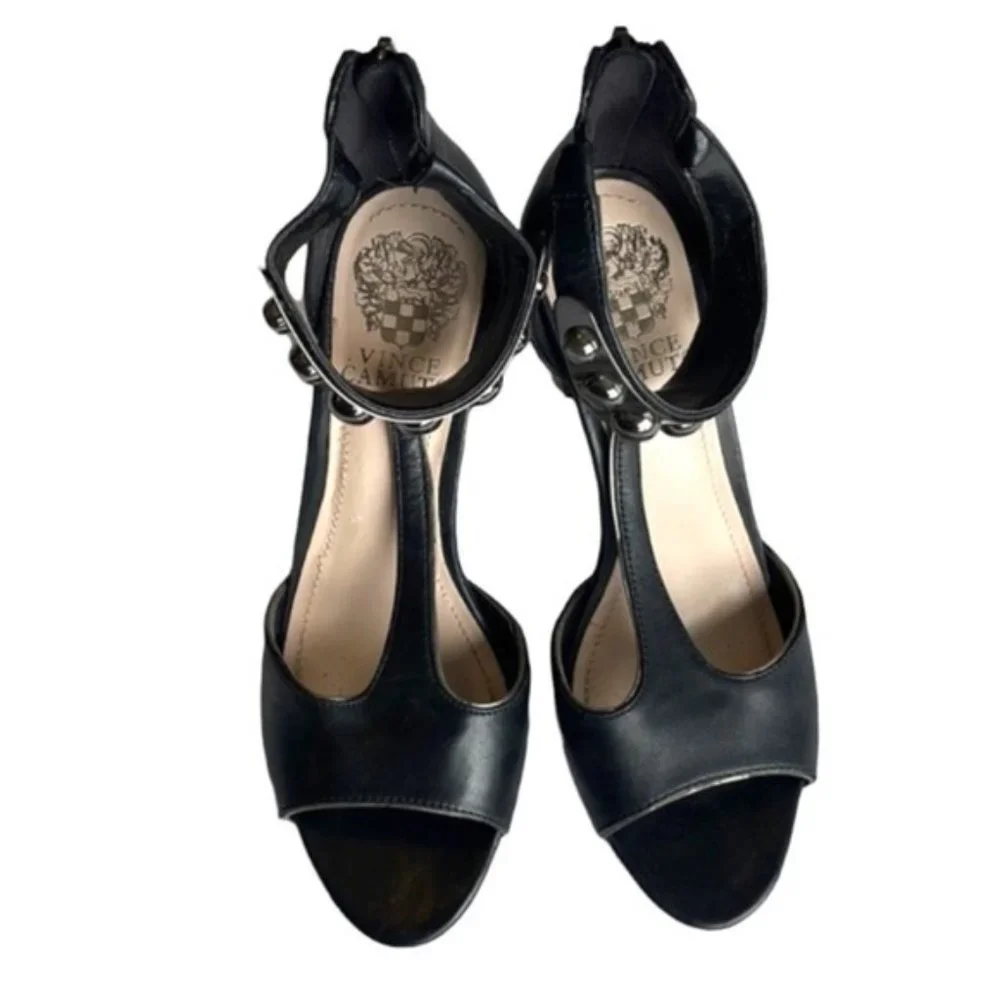 VINCE Camuto Black Leather Embellished Heels - Picture 2 of 9
